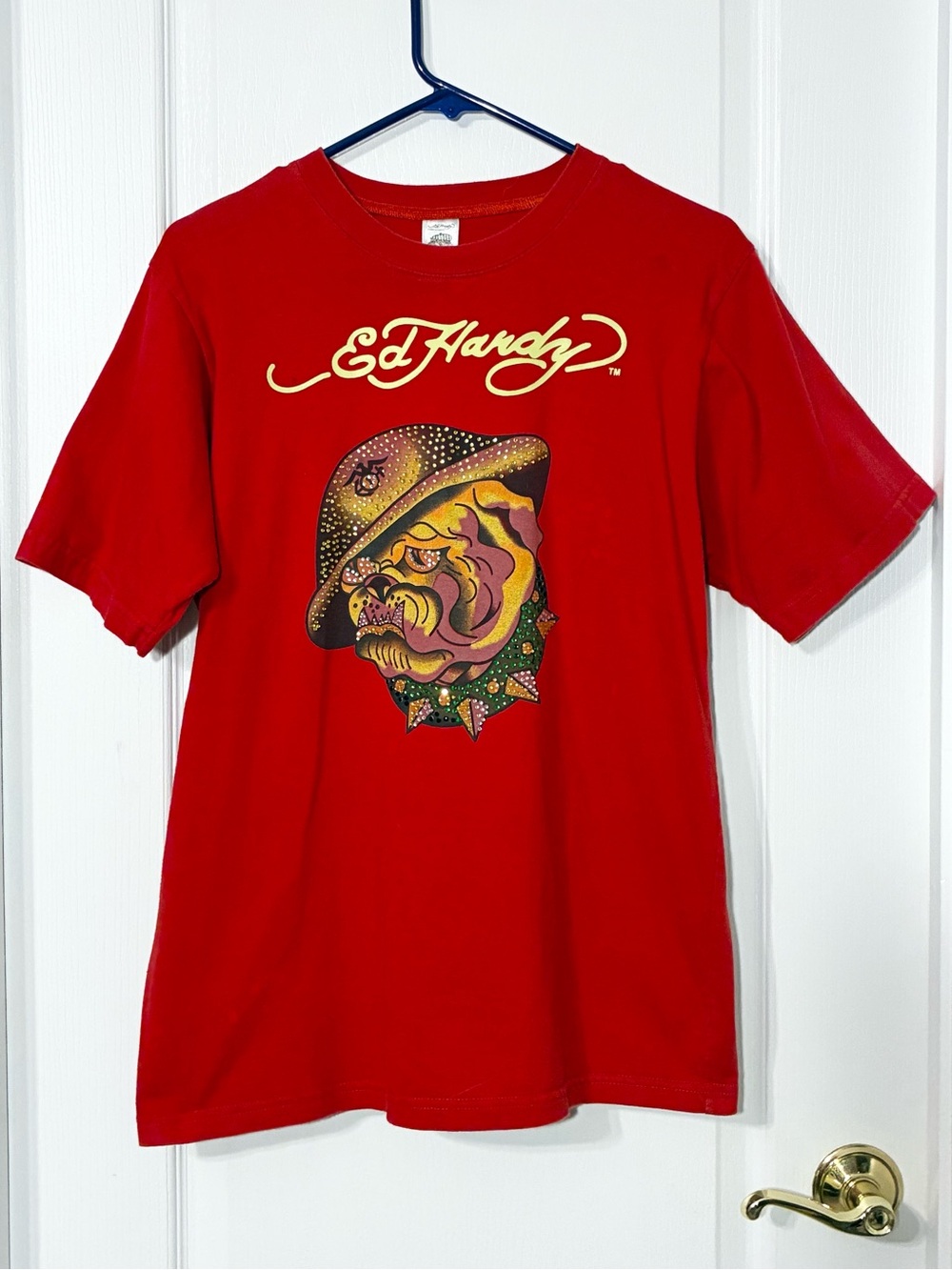 Y2K VTG Ed Hardy Rhinestone Bulldog Graphic Tee Red Size Medium
